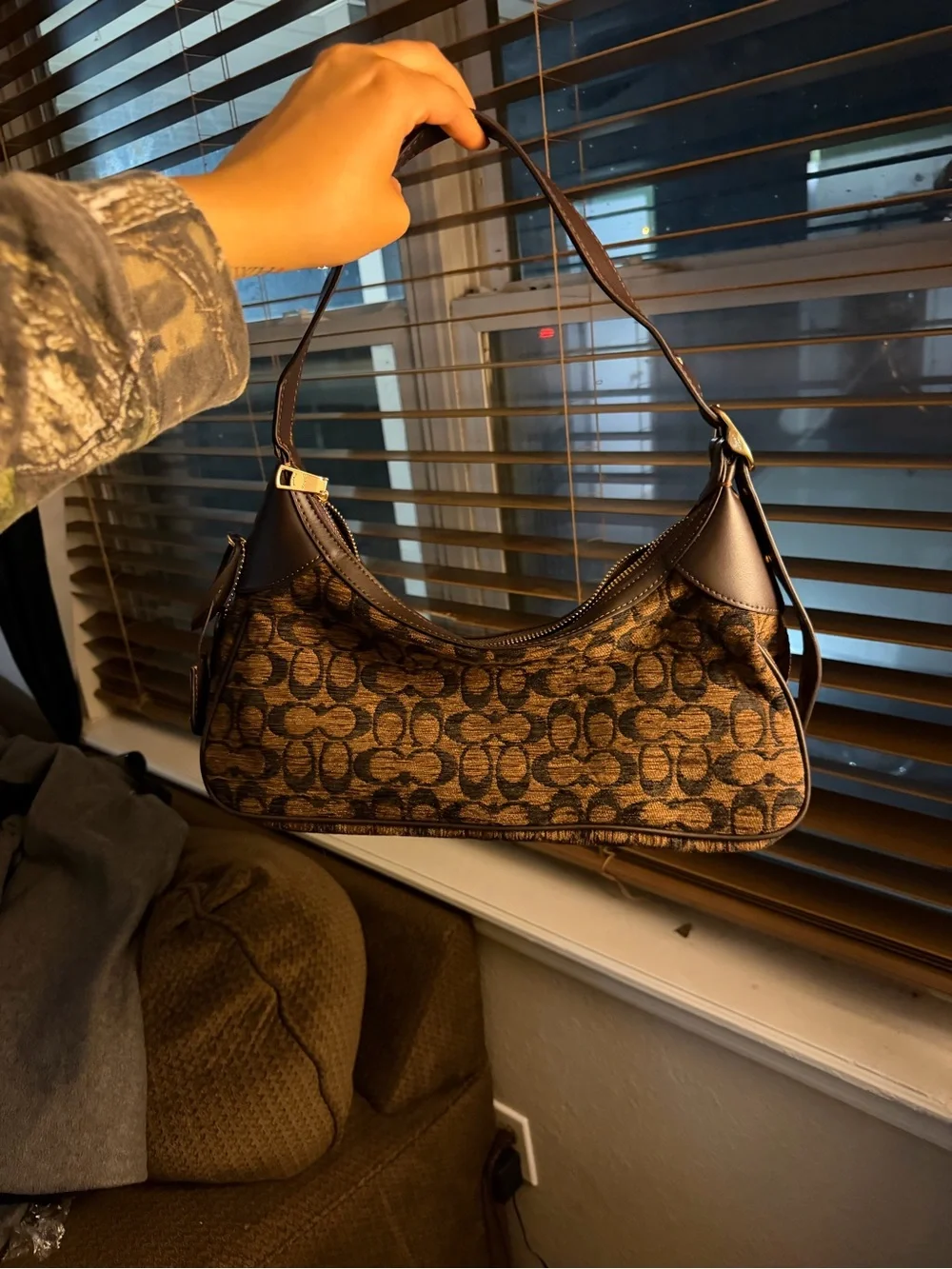 Coach Brown Signature Jacquard Crescent Shoulder Bag - Picture 5 of 5